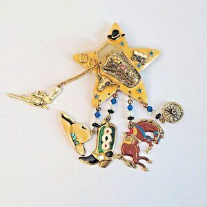 Moulin Rouge Western Cowgirl Star Dangle Brooch Pin, Enamel Horse Boot Hat Wagon